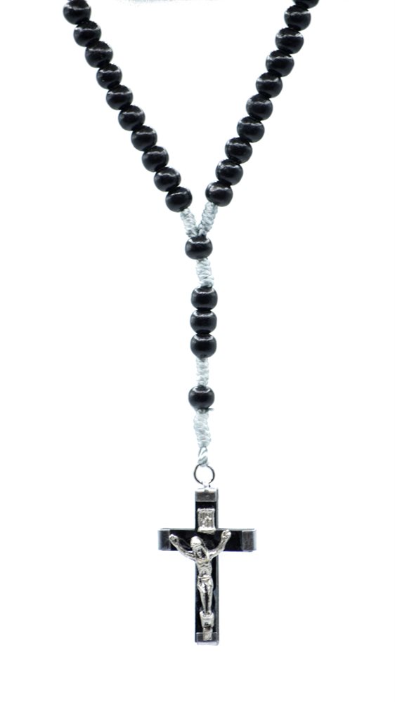 Chapelet, grains 5 mm, plastique noir, corde, croix en bois Chapelet, grains 5 mm, plastique noir, corde, croix en bois