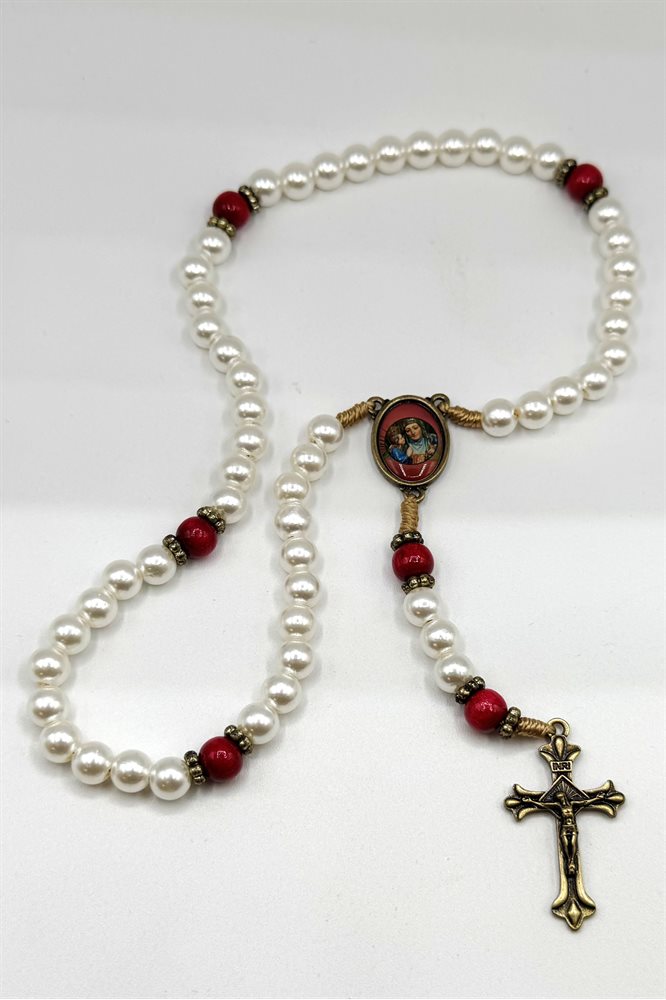 Saint Ann Rosary, 8 mm white pearl Bds, cord