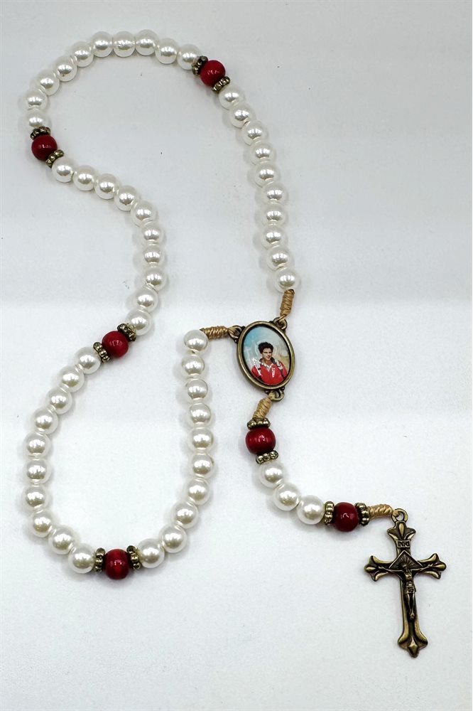 Carlo Acutis Rosary, 8 mm white pearl Bds, cord