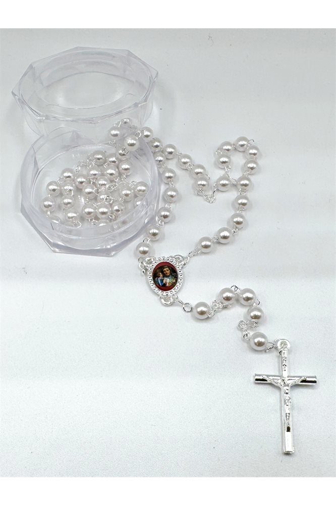 Saint Ann Rosary, 6 mm white pearl Bds, stainless chain, box