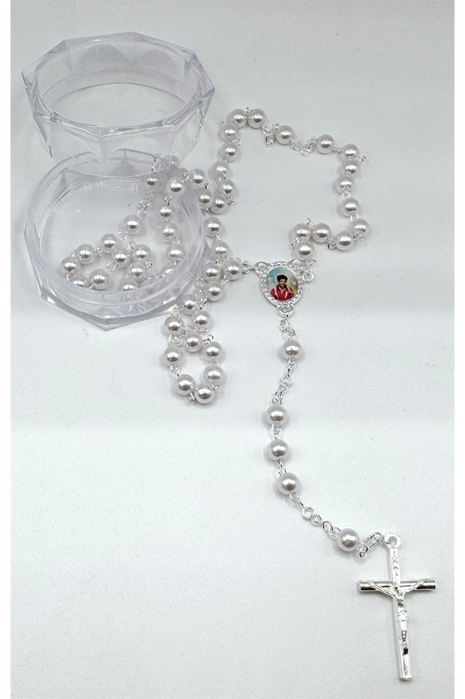 Carlo Acutis Rosary, 6 mm white pearl Bds, stainless chain,