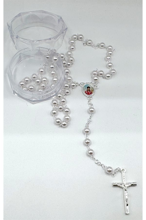 Chapelet Carlo Acutis, grains perles blanches 6 mm, chaîne