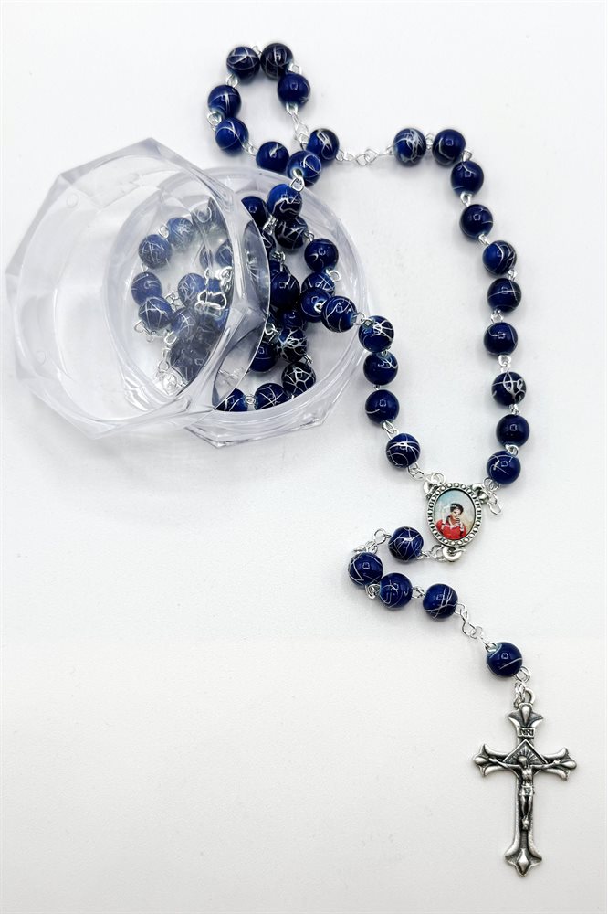 Carlo Acutis Rosary, 8 mm Blue Bds, stainless chain, box