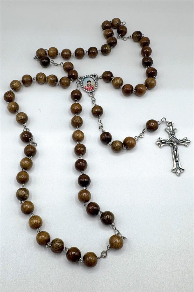 Carlo Acutis Rosary , 8 mm Brown Wooden Bds, stainless chain