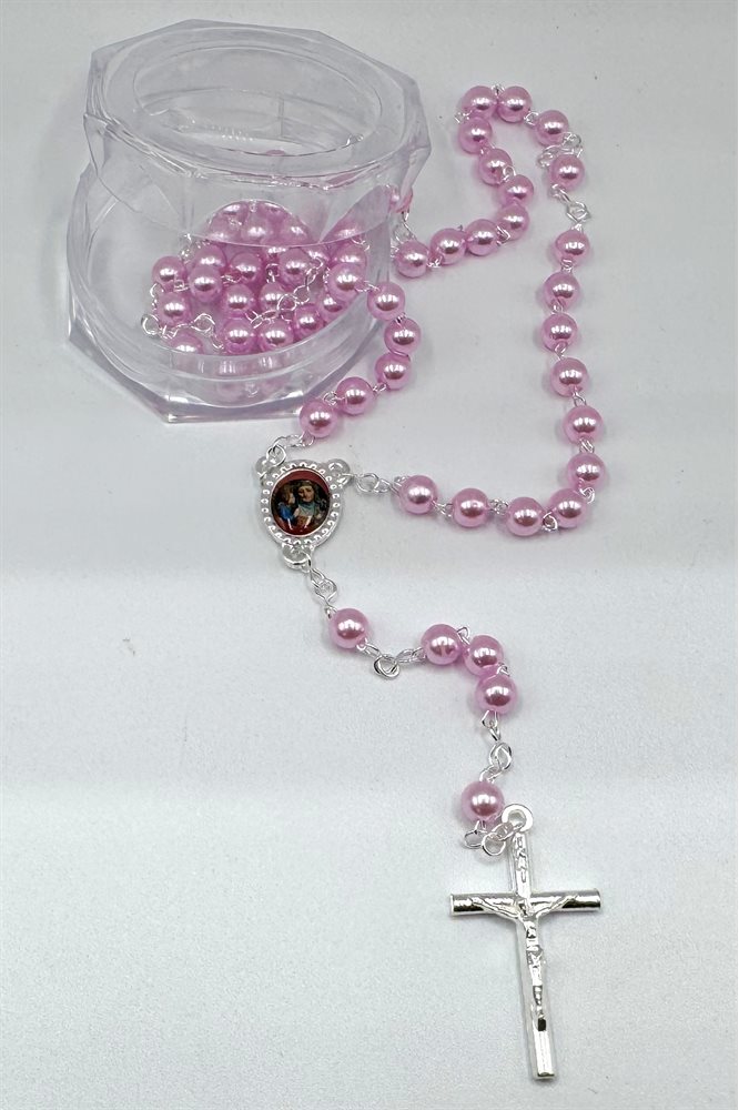 Saint Ann Rosary, 6 mm rose pearl Bds, box