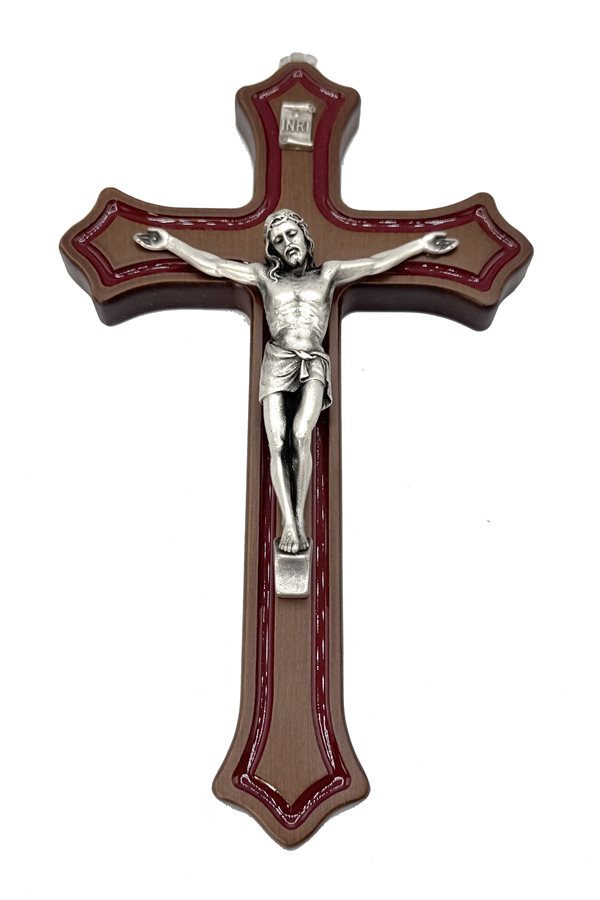 Wooden Crucifix, Silver finish Corpus, 8'' (20 cm)