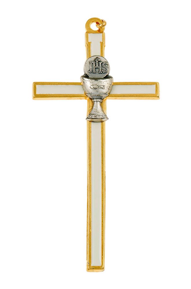 Gilt & W Enamel Metal Cross, Pewter Chalice, 5"