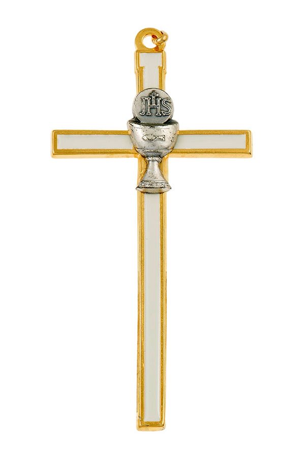Gilt & W Enamel Metal Cross, Pewter Chalice, 5"