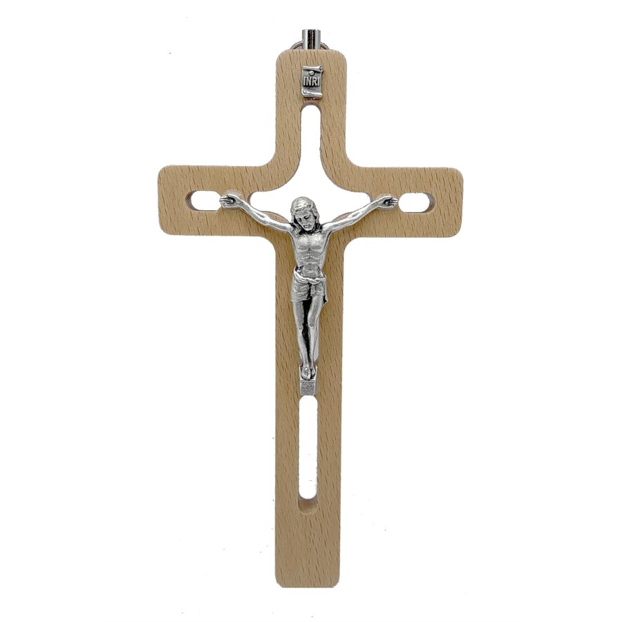 Wood Crucifix and Silver metal Corpus 6'' (15 cm)