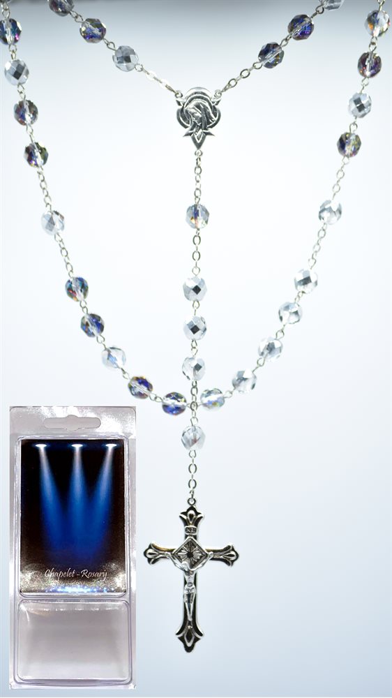 Boxed Heliotrope Rosary, 8 mm Cut Glass Bds, 22"