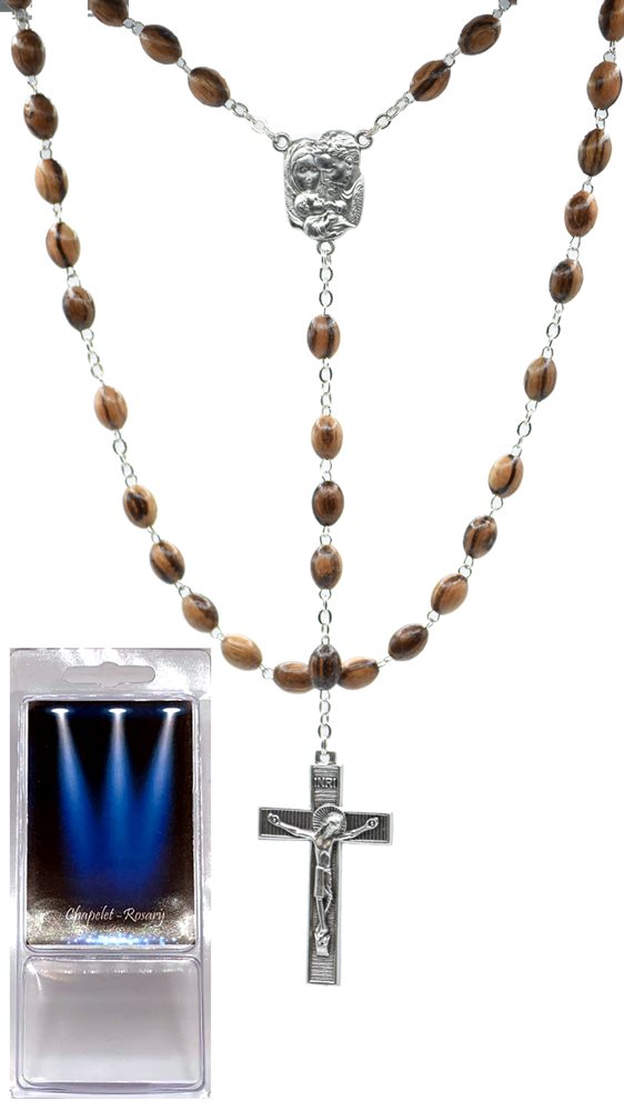 Boxed Rosary, 6mm Striped Walnut Beads, Silver Finis