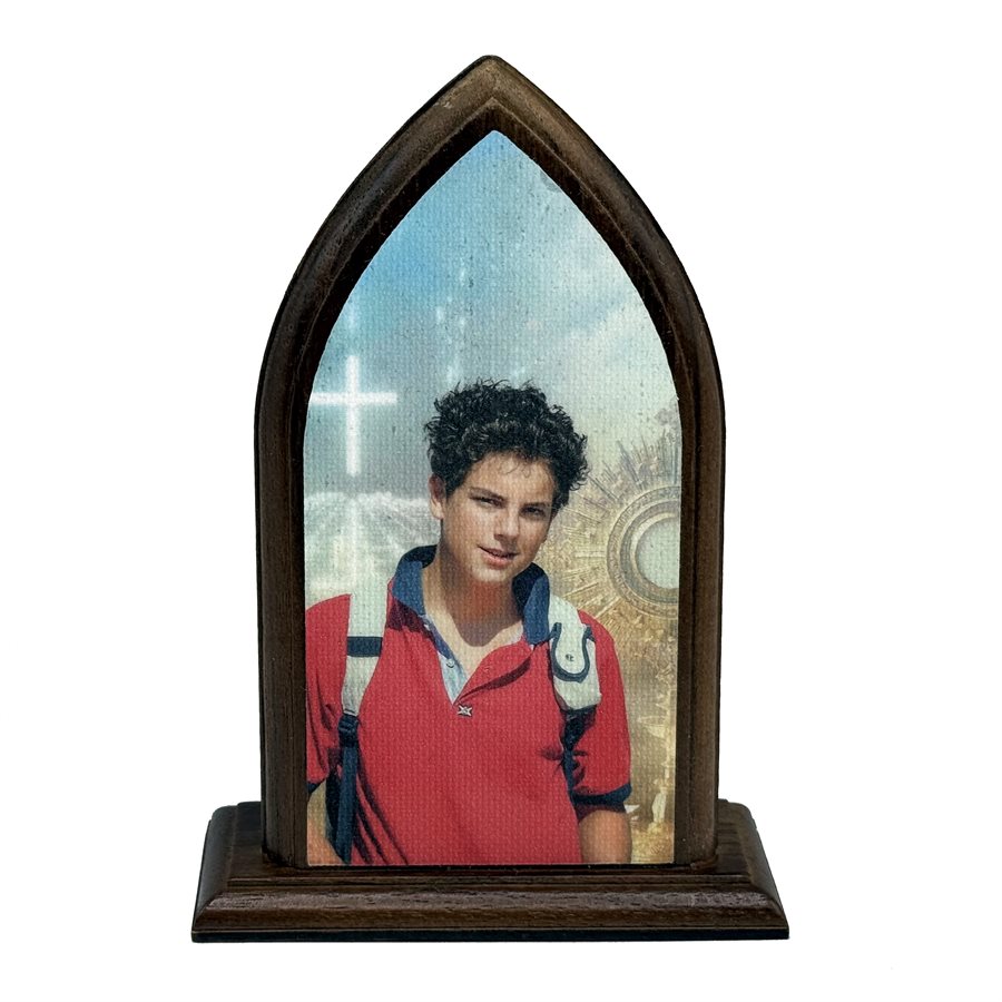 Plaque sur base en bois 13,5 cm, Carlo Acutis