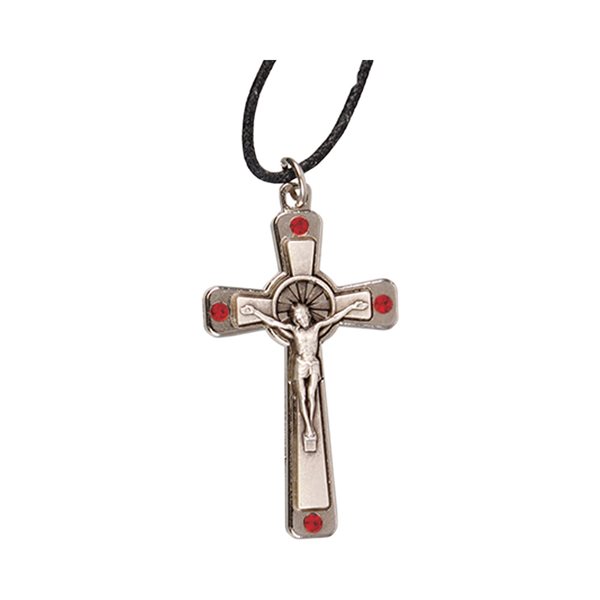Silver Cross & Christ, Red Stone, 1½''