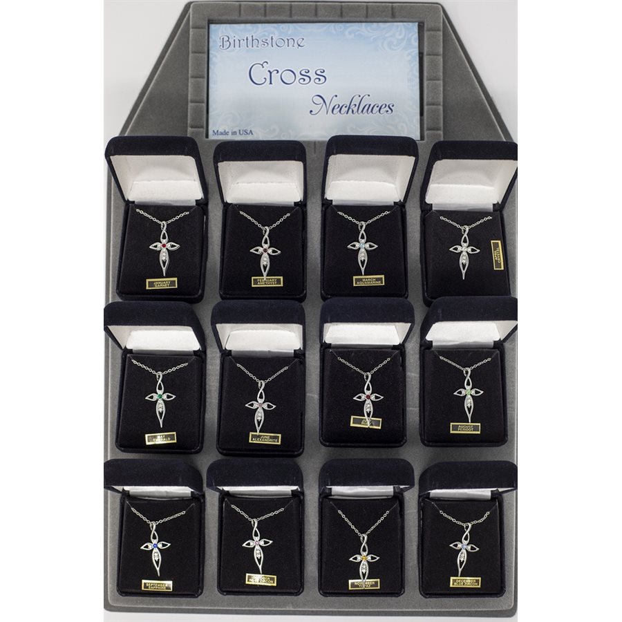 Display of 12 Cross Pendants Birthstones 18" Silver