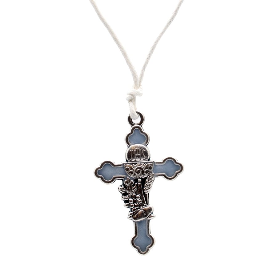 First comm blue metal necklace on white string,B
