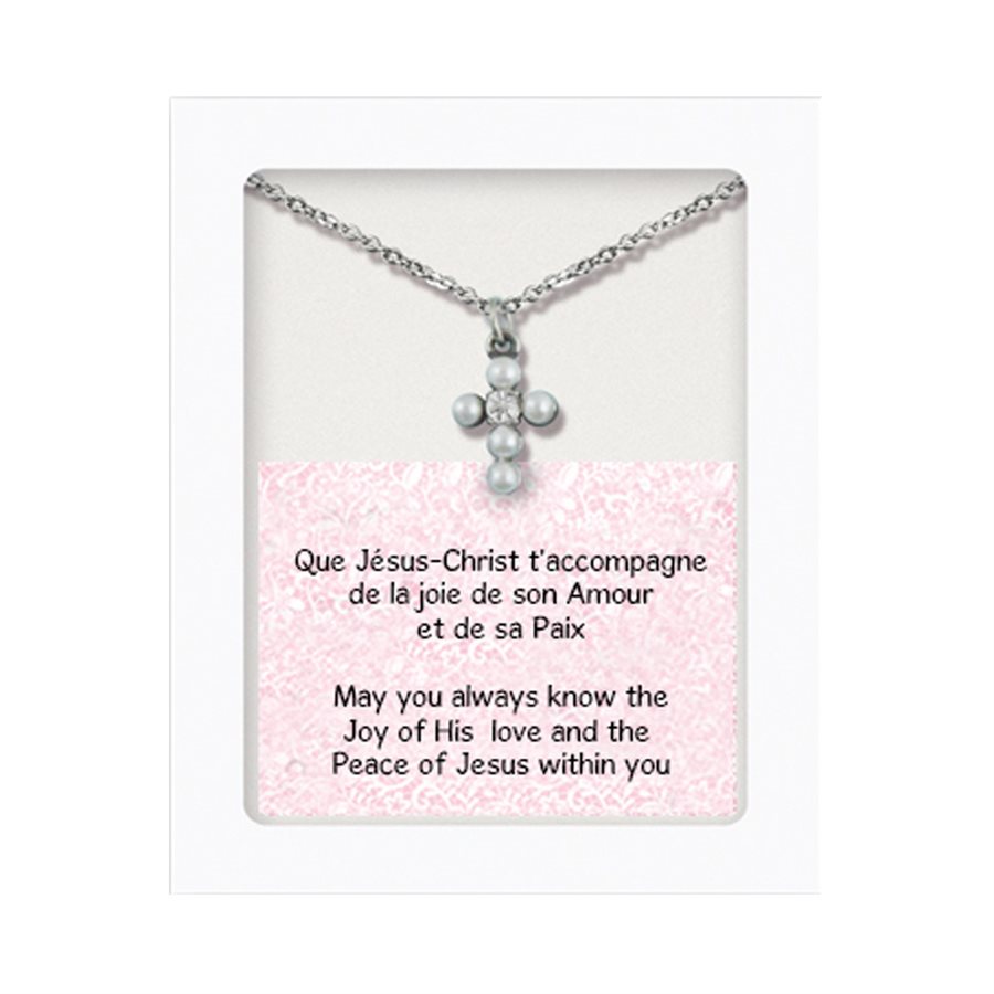 Pearl Cross pendant w / Crystal on 13" chain, B