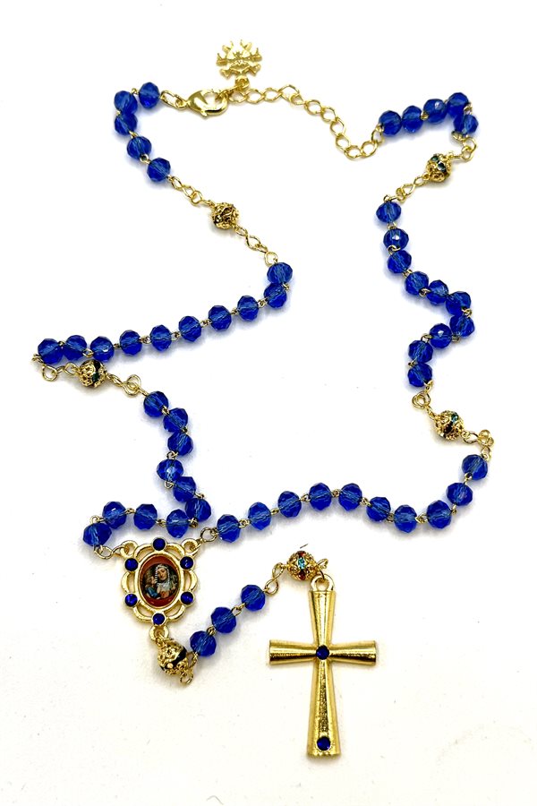 Collier chapelet doré Sainte Anne, grains 6 mm cristal bleu