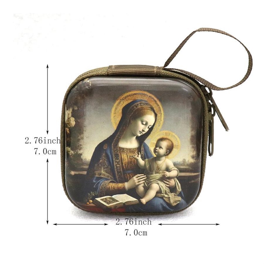 Étui à chapelet tissus et ferm. éclair, 7 x 7 cm, Vierge enf