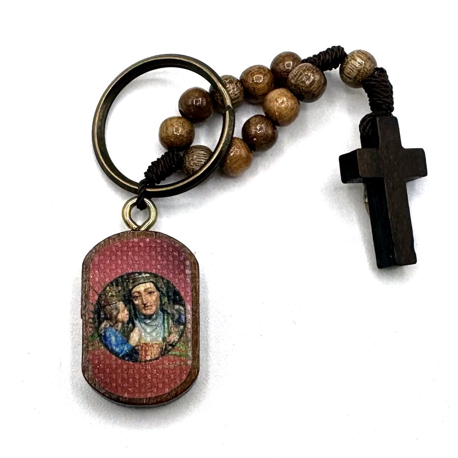 Porte-clées dizainier Sainte Anne, grains bois 6 mm, corde