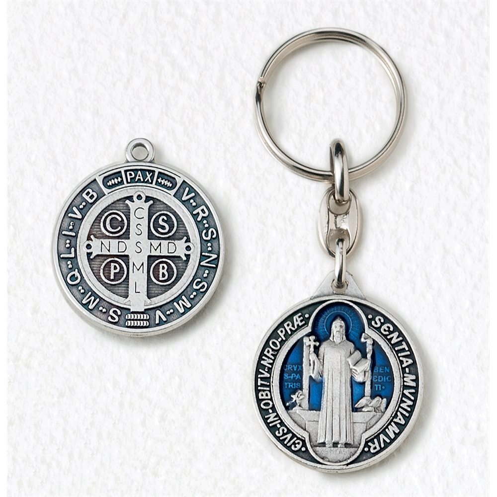 Porte-clés médaille Saint Benoit, métal argenté bleu Porte-clés médaille Saint Benoit, métal argenté bleu