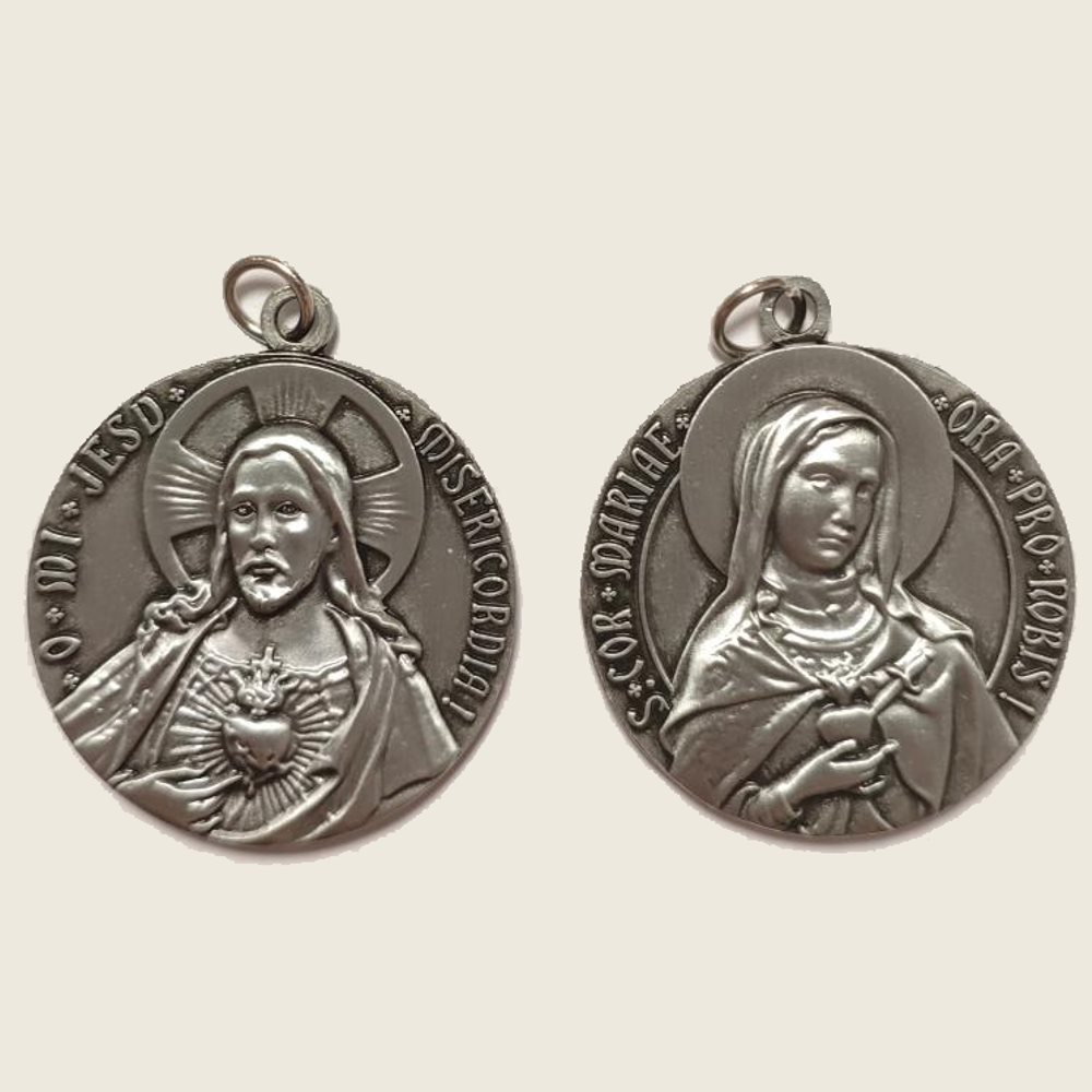 Sacred Hearts of Jesus & Mary Medal / token, 1 1 / 2'', oxidiz